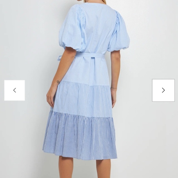 English Factory Puff Sleeve Round Neckline Midi Stripes Tiered Blue Dress Size S - Picture 4 of 15